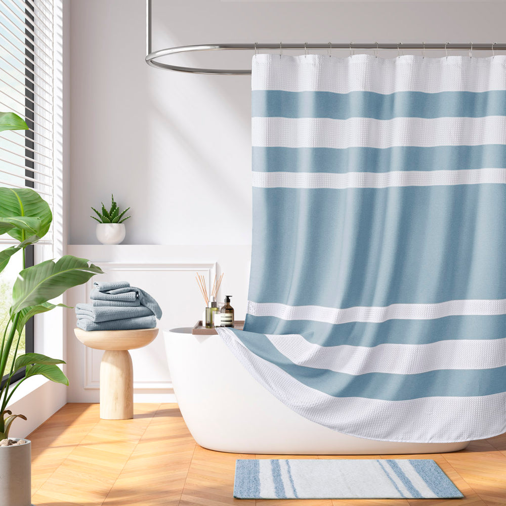 JLA Home Madison Park - Shower Waffle-Textured Stripe Curtain with Scotchgard Water-Repellent Finish for Spa-Like Bathrooms Blue MP70-8552