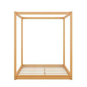 English Elm Queen Canopy Platform Bed with Sturdy Support Legs, Pine/MDF Frame, Slatted Ventilated Base, 550lb Capacity Natural WF293232AAM