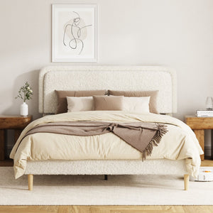 English Elm Queen Velvet Tufted Platform Bed Adjustable Headboard Steel Frame No Box Spring Beige W5239P502751