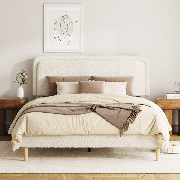 English Elm Queen Velvet Tufted Platform Bed Adjustable Headboard Steel Frame No Box Spring Beige W5239P502751