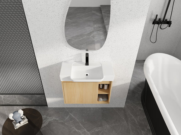 English Elm 28'' Floating Bathroom Vanity with Ceramic Sink Soft Close Door Melamine Cabinet Light Oak W999P426639