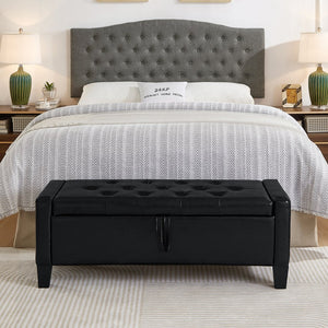 English Elm Ottoman Storage Bench Tufted Linen Upholstered Entryway Seat with Lift Top Shelf Black W2186P465443