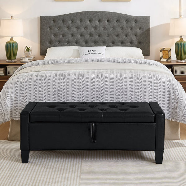 English Elm Ottoman Storage Bench Tufted Linen Upholstered Entryway Seat with Lift Top Shelf Black W2186P465443