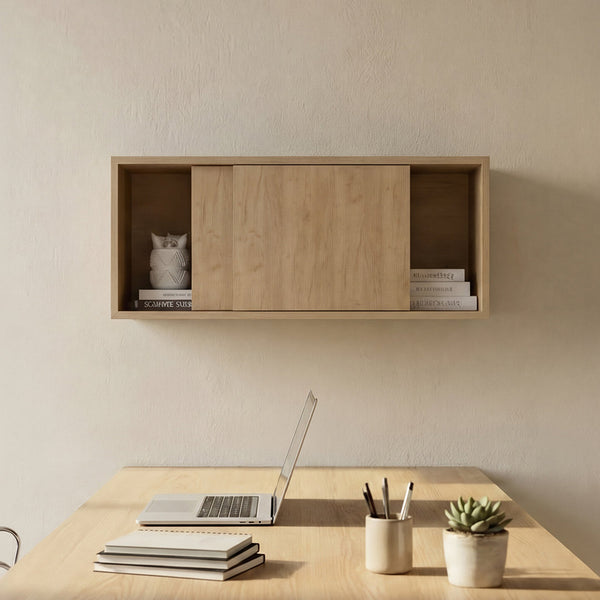 English Elm Note Floating Wall Cabinet with Sliding Doors Slim Mounted Storage for Any Room Natural Wood B070P462899