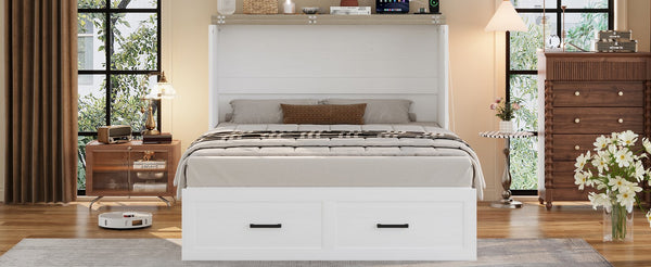 English Elm Full Farmhouse Murphy Cabinet Bed with Charging Station and Large Drawers, Space-Saving Guest Solution White 52.25 L x 26.25 W x 5.25 H N733S237853W