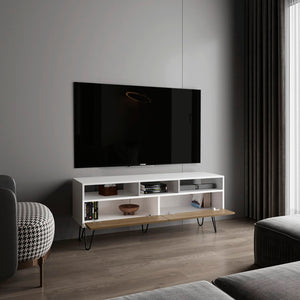 English Elm Tv Stand - Modern White Design With 3 Open Shelves, 2 Drop-Down Doors & 5 Sleek Metal Legs B097P296856-GIGA