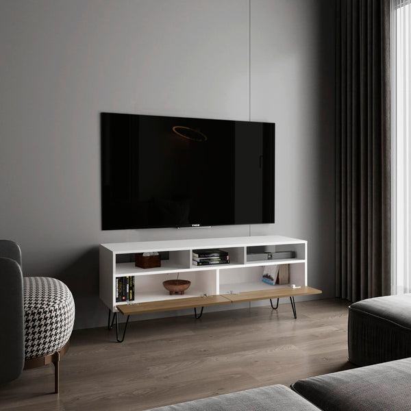 English Elm Tv Stand - Modern White Design With 3 Open Shelves, 2 Drop-Down Doors & 5 Sleek Metal Legs B097P296856-GIGA