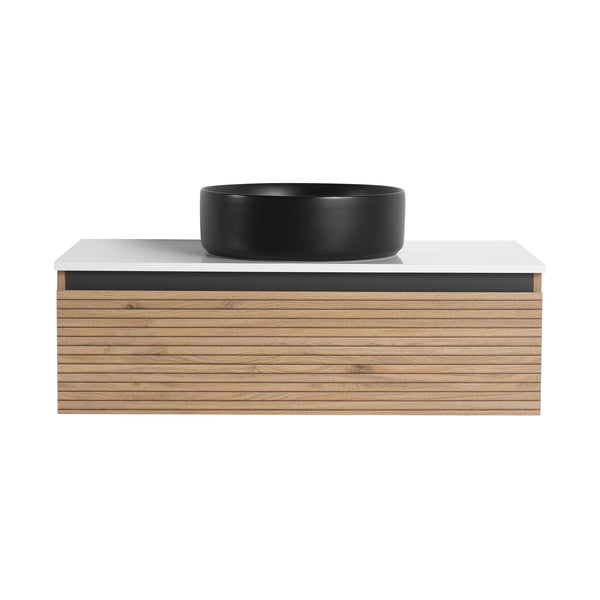 English Elm 36'' Floating Wall Mounted Vanity with Art Ceramic Vessel Sink and Soft Close Drawer W999S00363