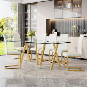 English Elm Tempered Glass Rectangular Dining Set Seats Six with Gold Metal Legs White Pu Chairs W3875S00054