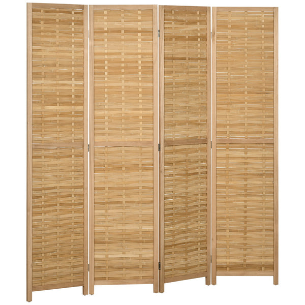 English Elm HOMCOM 4-Panel Reed Room Divider 5.5ft Folding Privacy Screen, Hand-Woven Freestanding Partition for Home Office Natural Wood W2225P229151