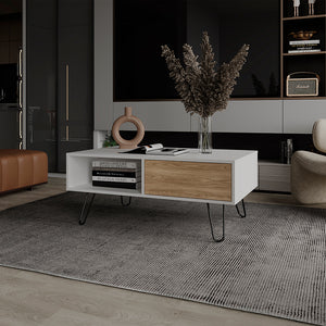 English Elm Taylor Modern Coffee Table with Hairpin Legs, White & Light Oak, Drawer + Open Shelf for Storage B092P254742