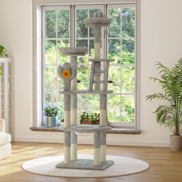English Elm 72in Cactus Cat Tower Sisal Posts Plush Perches Capsule Pod Multi-level Climb Gray W1578P447629