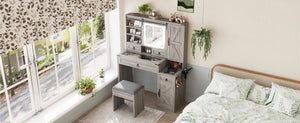 English Elm Farmhouse LED Vanity Desk with Sliding Mirror, Glass Top Storage, Built-In Charging Station & Stool Gray 37 L x 18.5 W x 13 H N733P340562G