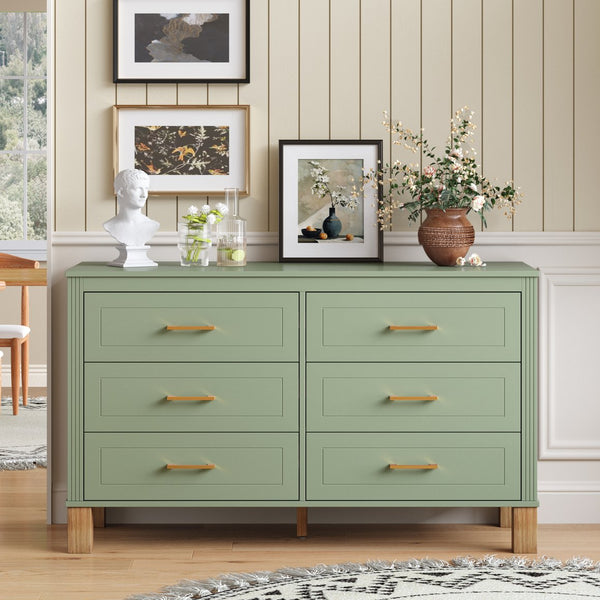English Elm 6-drawer Double Dresser Solid Wood Legs Mid-century Modern Bedroom Storage Cabinet W1445S00010