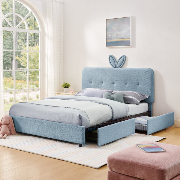 English Elm Queen Boucle Upholstered Kids Bed with Rabbit Ear Headboard Led Lighting Storage Drawers Navy W1413P384928