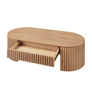 English Elm 51.18'' Oval Mdf Coffee Table with Hidden Drawer Mid-century Pedestal Base Oak W876P370282
