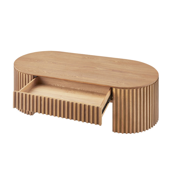 English Elm 51.18'' Oval Mdf Coffee Table with Hidden Drawer Mid-century Pedestal Base Oak W876P370282