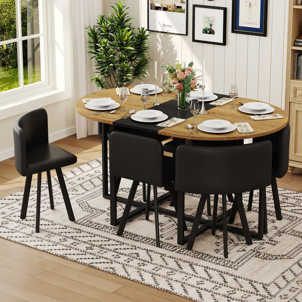 English Elm 7-piece Oval Dining Set with Pu Leather Chairs Modern Kitchen Table for Six Black,Wood W3875S00088