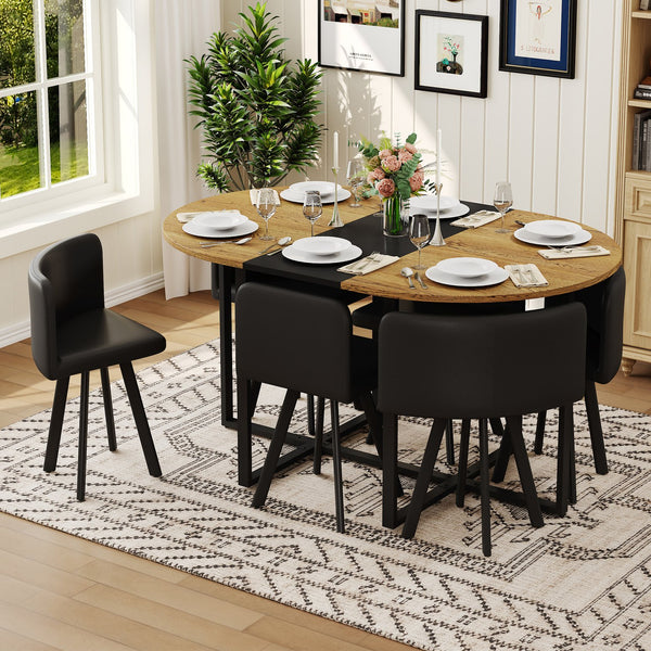 English Elm 7-piece Oval Dining Set with Pu Leather Chairs Modern Kitchen Table for Six Black,Wood W3875S00088