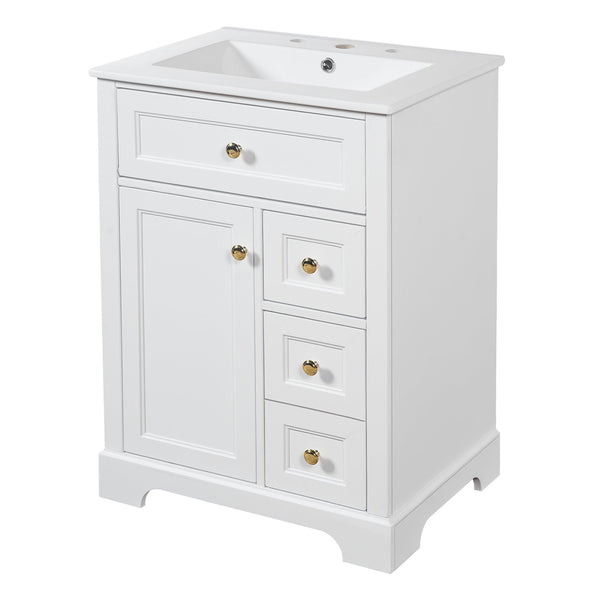 English Elm "24'' 24 Inch Glossy Freestanding Bathroom Vanity with Gold Hardware and Soft Close Storage White Pinewood N725P375495K