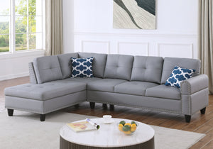 English Elm 2-Piece Alger 98" Wide Left-Hand Sofa & Chaise in Linen Blend with Tufted Backs, Nailhead Trim, Supportive Foam Cushions and Accent Pillows Gray B102S00097