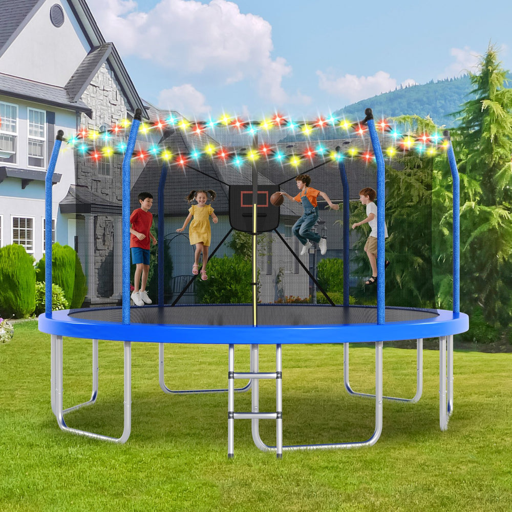 English Elm 14ft Backyard Trampoline with Led Lights Basketball Hoop and Galvanized Safety Frame N739P308480C