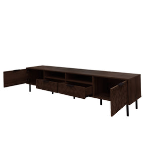English Elm 78 Inch Walnut Media Console with Slatted Doors Iron Legs and Cable Management N710P373605Q