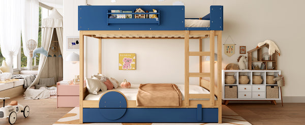 English Elm Queen Bunk Bed with Trundle Solid Pine Kids Car Themed Frame Built-in Bookshelf Blue,Natural W1580S00447