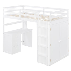 English Elm Twin Loft Bed with Built-in Desk Wardrobe and Drawers Solid Pine Space Saver White LT000301AAK-2