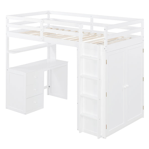 English Elm Twin Loft Bed with Built-in Desk Wardrobe and Drawers Solid Pine Space Saver White LT000301AAK-2