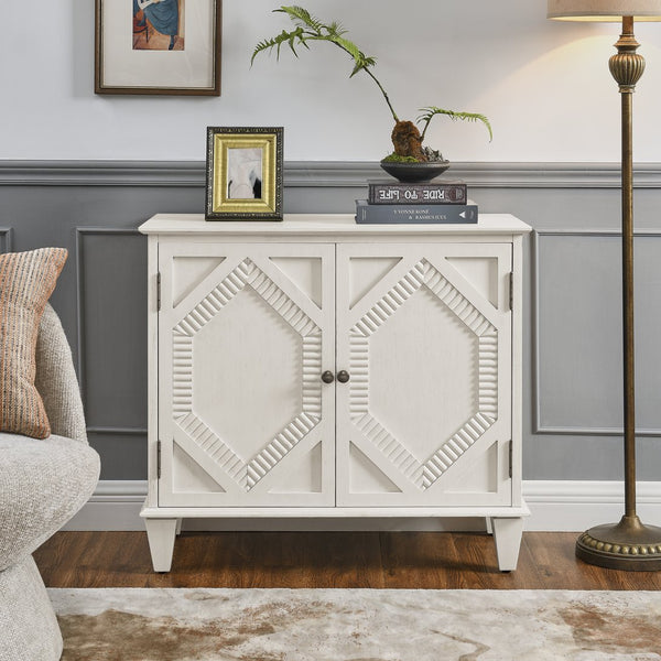 English Elm 33.6" Retro Wooden Sideboard with Fluted Diamond Panels, Mid-Century Console for Living Areas Antique White W1801P346237