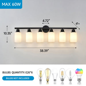 English Elm 6-light Matte Black Linear Wall Sconce White Glass Shades for Bedroom or Vanity W5008P389852
