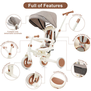 English Elm 7 in 1 Convertible Toddler Trike Aluminum Foldable Push Bike with Canopy for Ages 1 to 6 Ivory N726P248345O
