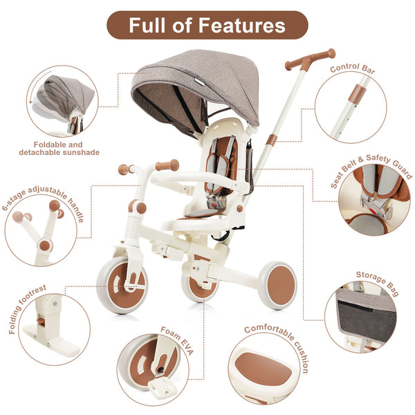 English Elm 7 in 1 Convertible Toddler Trike Aluminum Foldable Push Bike with Canopy for Ages 1 to 6 Ivory N726P248345O