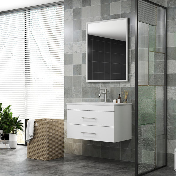 English Elm 32-Inch Wall-Mounted Bathroom Vanity - Modern Glossy White Design With Soft-Close Drawers & Sink W3151S00004