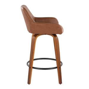 English Elm 26" Mid-century Swivel Counterstools Walnut Legs Camel Faux Leather Seat Set of 2 B202S00235