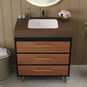 English Elm Modern Freestanding Vanity with Ceramic Vessel Sink and Gold Leg Sintered Stone Top W3136S00051