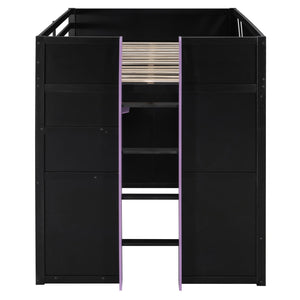 English Elm Full Size Loft Bed with Desk Blackout Curtains Rgb Lighting and Integrated Storage Purple+Black LT000377AAI