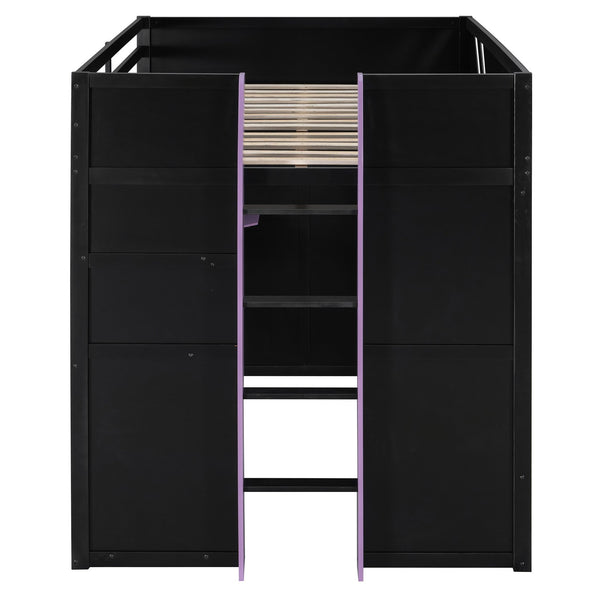 English Elm Full Size Loft Bed with Desk Blackout Curtains Rgb Lighting and Integrated Storage Purple+Black LT000377AAI