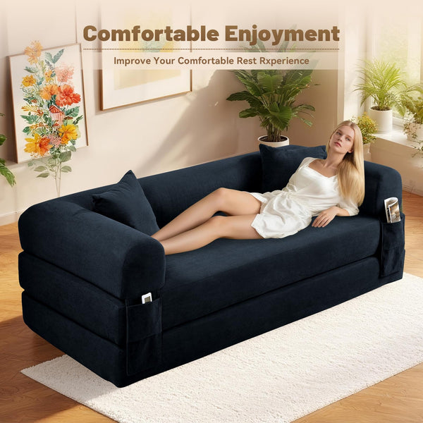 English Elm Convertible Corduroy Sleeper Sofa Queen Fold Out Bed with Dual Storage Pockets Dark Blue W3396P483184