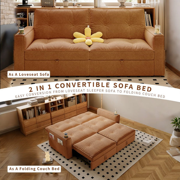English Elm SOMNUS Convertible Sofa Bed with Corduroy Upholstery, Space-Saving 2-in-1 Design, Durable Steel Frame Orange W3820S00012