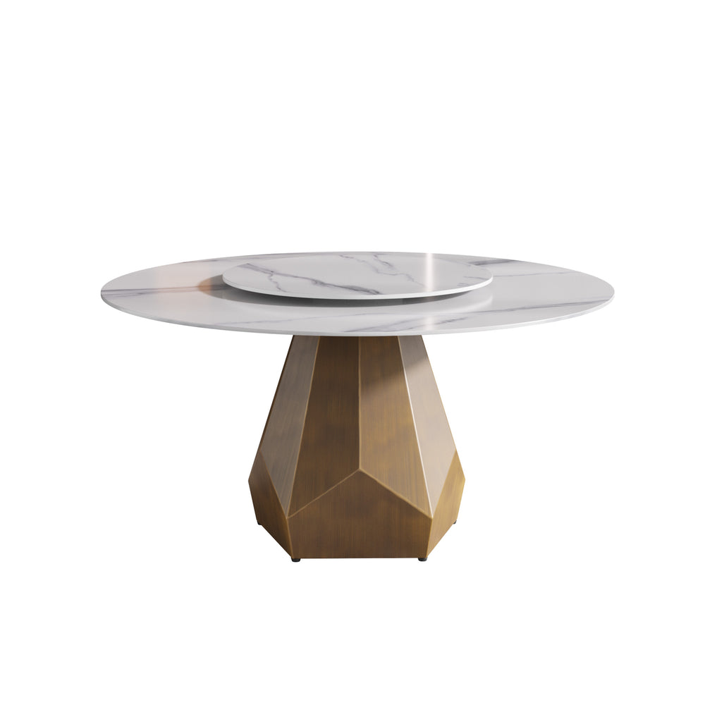 English Elm 59.05" Round Artificial Marble Dining Table With Metal Base & Turntable For 6-8 People, White Elegance W1535S00376