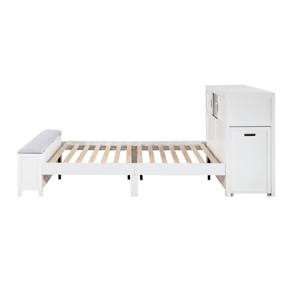 English Elm Gray Full Platform Bed with Bookcase Headboard Fold Out Desk Drawers and Footboard Bench White B011S02326