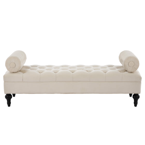 English Elm Modern Tufted Velvet Bench with Gourd Legs and Pillows for Bedroom Entryway Beige N761P335807W