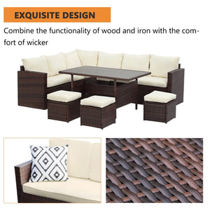 English Elm 7 Piece Pe Rattan Outdoor Dining Set Seats Nine with Wpc Table and Modular Sofa Beige+Brown B082S00078