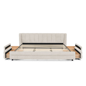 English Elm King Chenille Upholstered Platform Bed with Storage Drawers and Structured Headboard Beige W487S00414