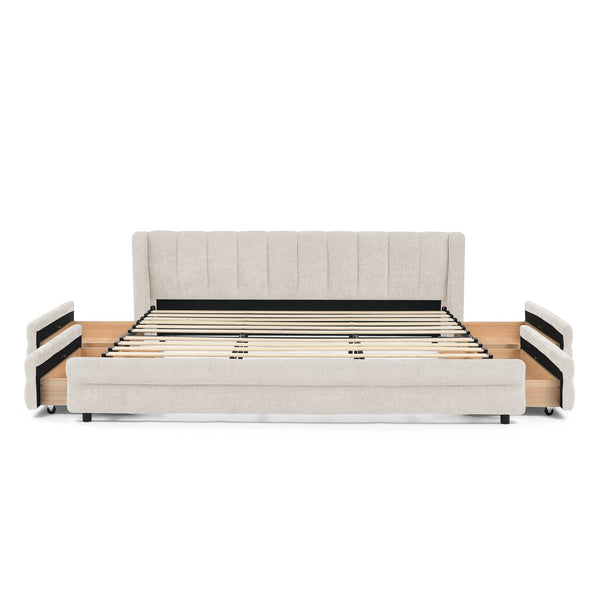 English Elm King Chenille Upholstered Platform Bed with Storage Drawers and Structured Headboard Beige W487S00414