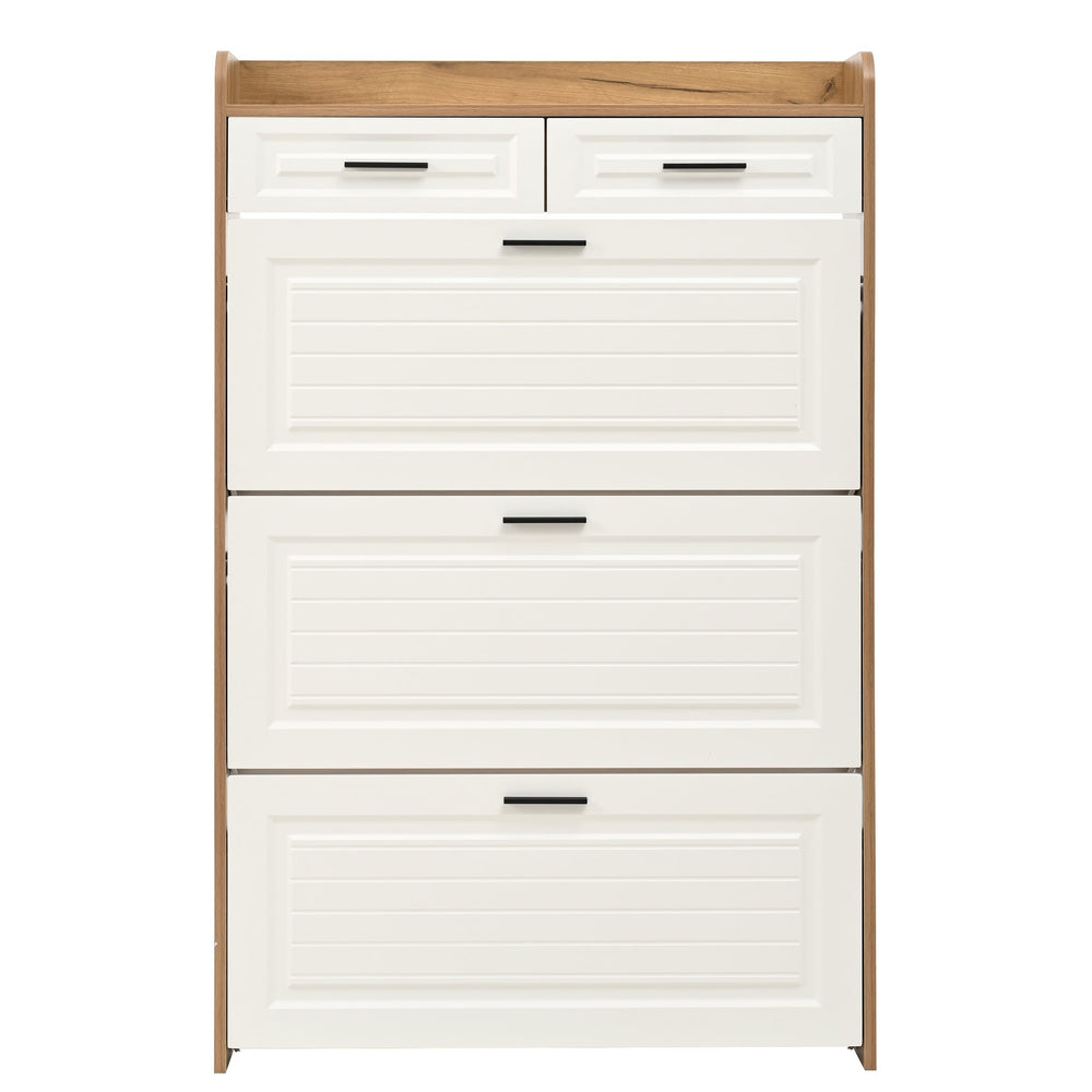 English Elm Two drawer three-fold shoe cabinet with ample vertical shelving, smooth finish, compact entryway storage White+Walnut W3871P368979