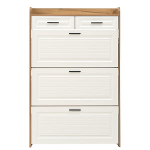 English Elm Two drawer three-fold shoe cabinet with ample vertical shelving, smooth finish, compact entryway storage White+Walnut W3871P368979
