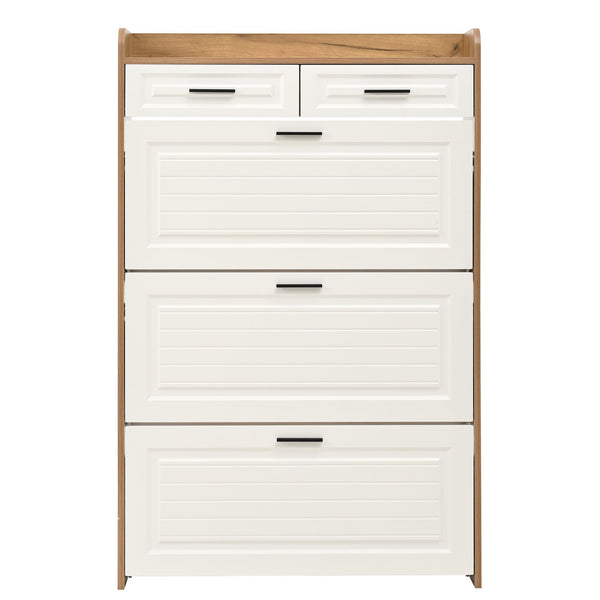English Elm Two drawer three-fold shoe cabinet with ample vertical shelving, smooth finish, compact entryway storage White+Walnut W3871P368979